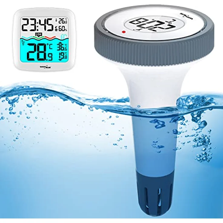 Greenblue GB216 Poolthermometer mit Wetterstation, DCF, kabelloser Wassertemperatursensor, Weiss, Grau – Bild 6