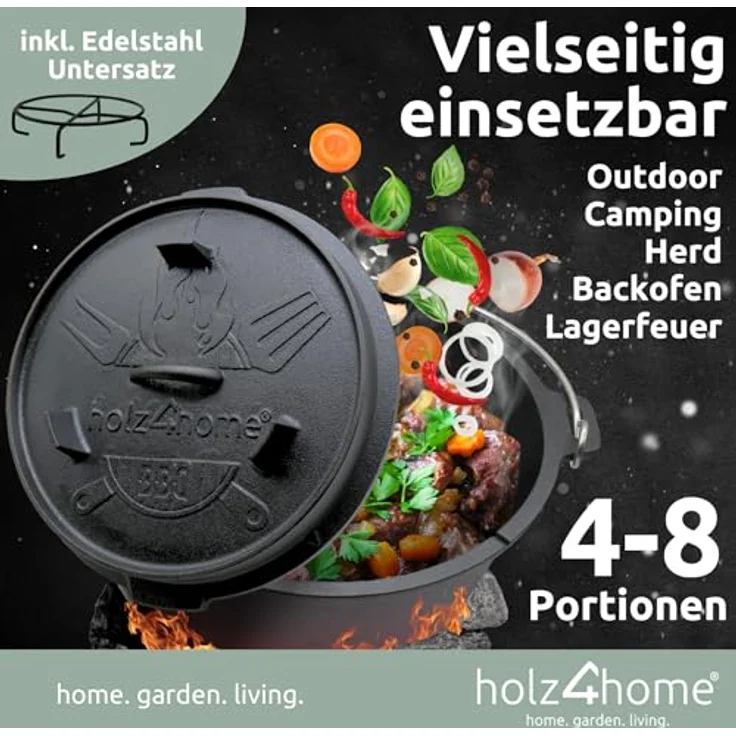 holz4home® Dutch Oven Gusseisen I 9L Feuertopf mit Zubehör I Deckelheber Reinigungsbürste Untersetzer Schmortopf zum Camping – Bild 2
