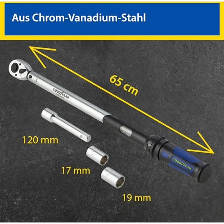 Goodyear 75522 Premium Drehmomentschlüssel inkl. Verlängerung und Stecknüsse 17 mm und 19 mm – Bild 6