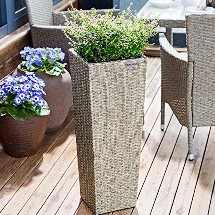 Casaria® Blumentopf 3er Set Polyrattangeflecht Übertopf Wasserabfluss Rattanoptik Outdoor Pflanzkübel Blumenkasten Creme – Bild 2