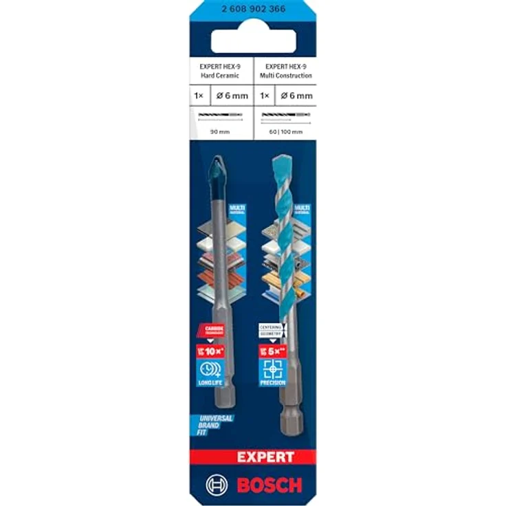 Bosch Expert HEX-9 Hard Ceramic + HEX-9 Multi Construction Bohrer, 6 mm, 2-tlg., präzise Bohrtechnik für Fliesen und Bauwerkstoffe – Bild 2