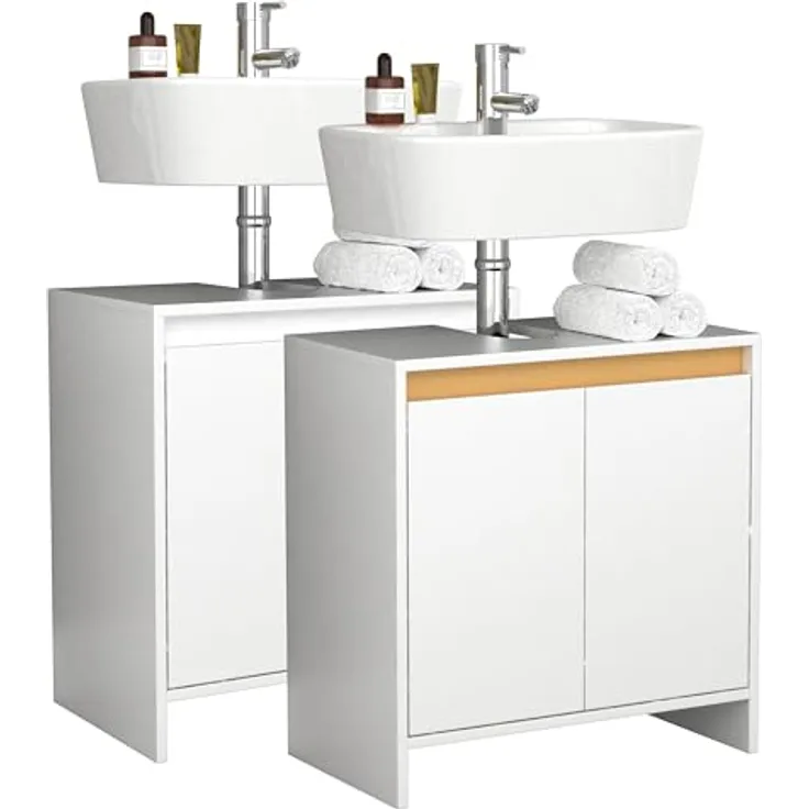 VCM Badmöbel Badunterschrank Waschbeckenunterschrank Badezimmer Malira Drehtüren Weiß/Honig-Eiche, H. 60 x B. 58 x T. 33 cm