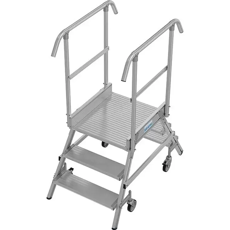 Krause Stabilo Podestleiter, Aluminiumleiter mit 6 Tritten und 2,75 m Arbeitshöhe, beidseitig begehbar, fahrbar mit Lenkrollen