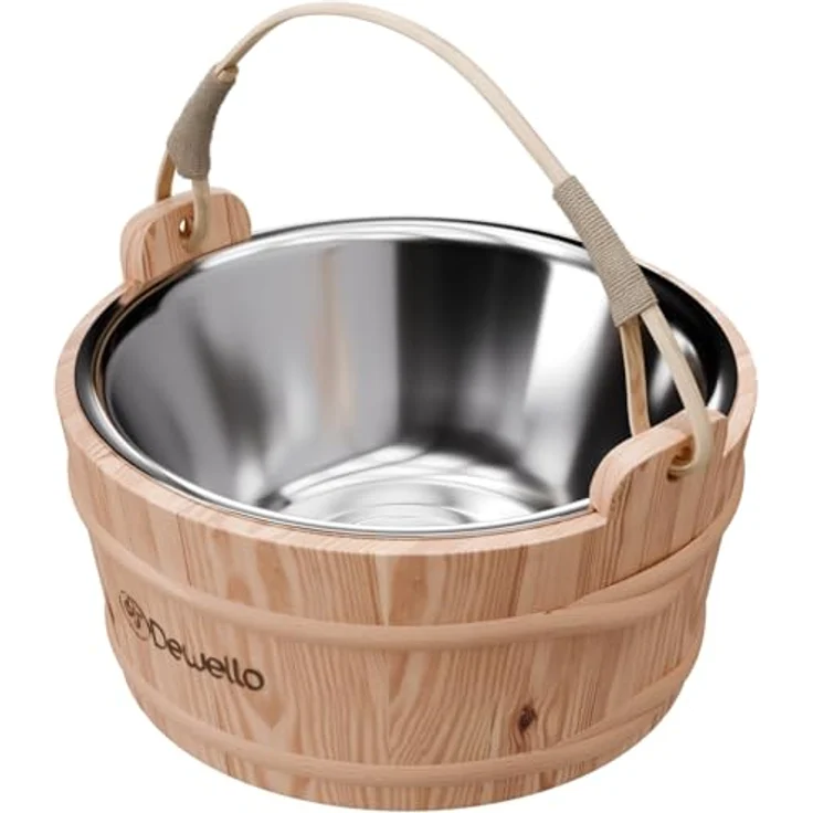 Dewello® Saunaeimer Set mit Kelle, 3 Liter fasst, Hemlock-Holz mit Bambusstreben, Hygienischer Edelstahleinsatz, robust und langlebig – Bild 3