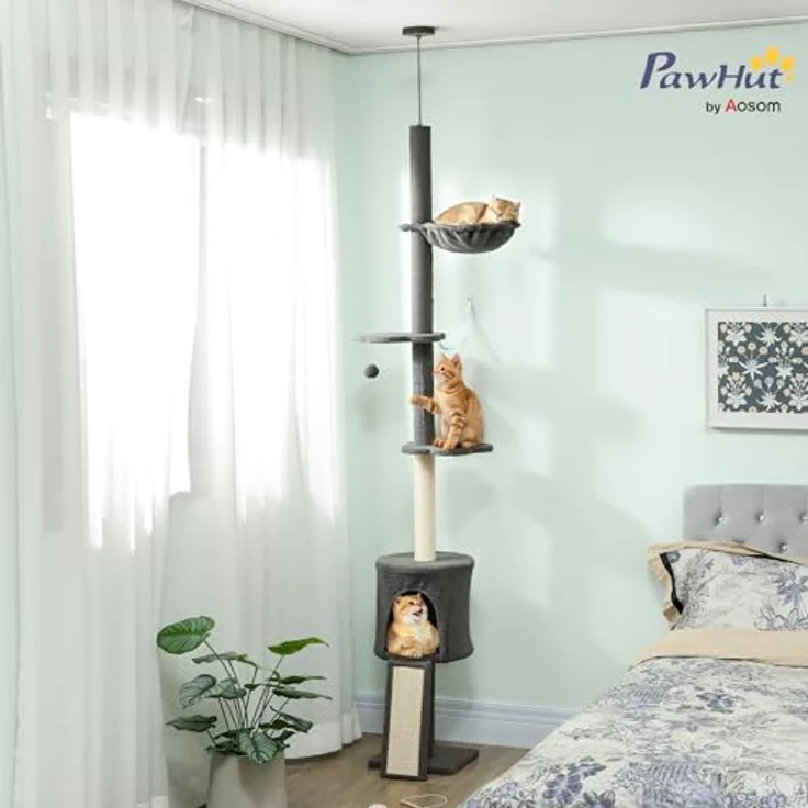 PawHut Kratzbaum Deckenhoch 200-240 cm, höhenverstellbar mit Hängematte, Höhle, Rampe und 7 cm dicken Kratzstämmen, für Katzen unter 5 kg, Dunkelgrau – Bild 2