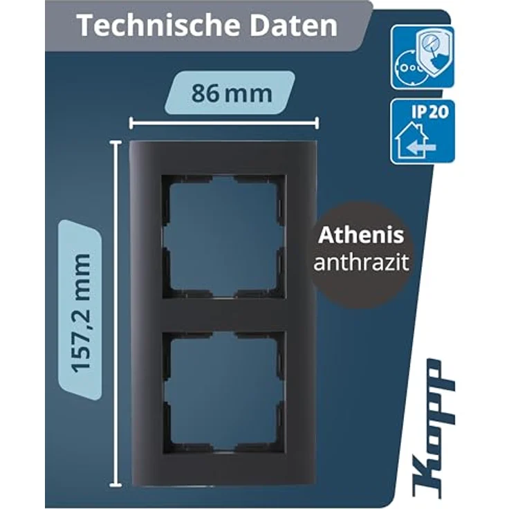 Kopp ATHENIS 2-fach Abdeckrahmen, anthrazit, eleganter Steckdosen- und Schalterrahmen aus mattem Kunststoff, 5 Stück, 86 x 157 x 9,5 mm – Bild 2