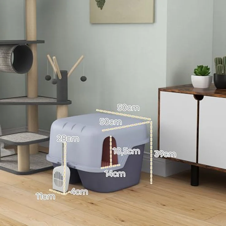 PawHut Katzentoilette mit Deckel, Katzenklo mit Sieb, Schaufel, geschlossen Katze Toilettenhaus für kleine Katze unter 3,5 kg, Indoor, Kunststoff, Violett – Bild 5