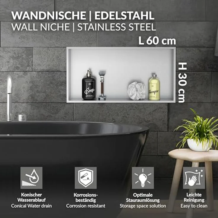 LuxeBath Duschwand Wandnische aus Edelstahl, Einbaulösung in Silber 60x30x10cm, optimierte Stauraumlösung mit 100% Dichtheit – Bild 2
