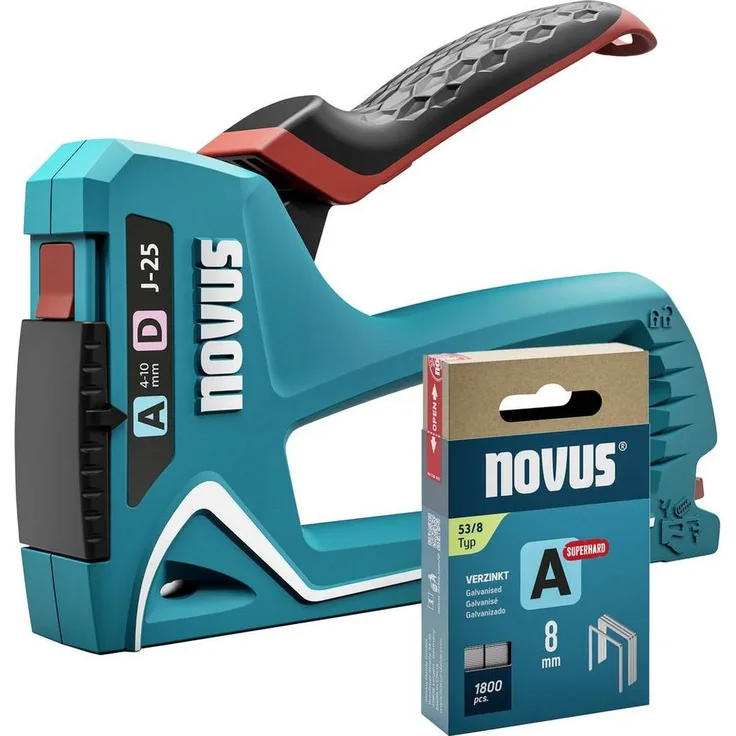 NOVUS Nagler Handtacker Set J-25 + 1800 Feindrahtklammern, langlebiges Zink-Druckguss-Gehäuse, Softgrip-Hebel, ergonomisch, schwarz