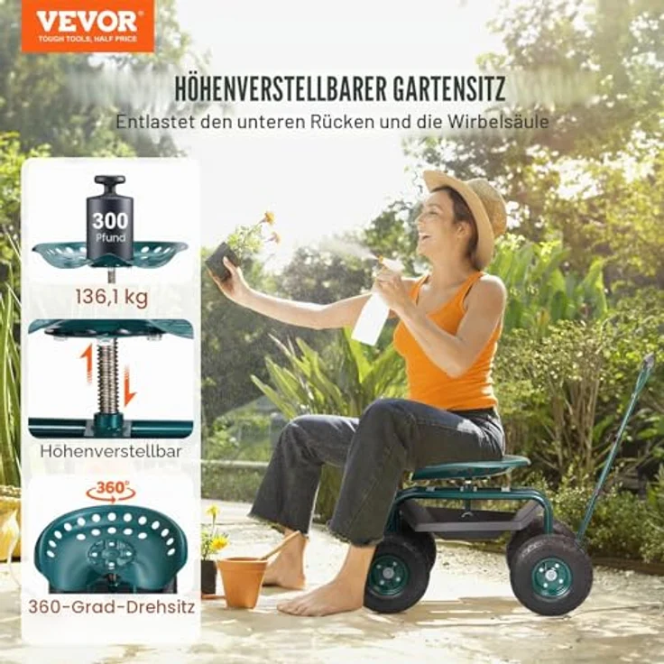 VEVOR Rollsitz Werkstattwagen, 136kg belastbar, höhenverstellbarer Sitz (45-54cm), 360-Grad-Drehfunktion, mit 25cm Griff und aufblasbaren 30PSI Reifen, Grün – Bild 2