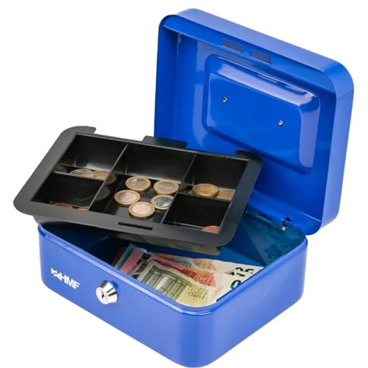 HMF Geldkassette abschließbar, Kasse mit 5 Münzfächern und Tragegriff, Blau, 20 x 16 x 9 cm – Bild 4