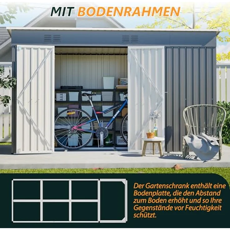 Thanaddo Metall Gerätehaus 311x123x181 cm, wetterfest mit Holzunterstand und Lüftungsgitter, grau – Bild 3