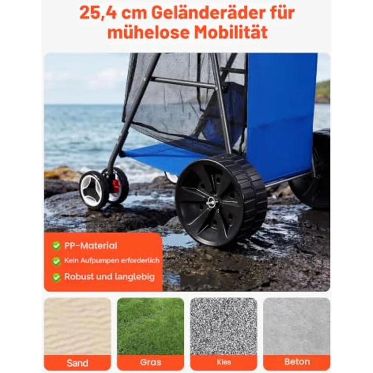 VEVOR Strandwagen Trolley mit Vollgummirädern (10 Zoll), faltbar, Isoliertasche & Schirmhalter, 75 kg belastbar für bis zu 4 Strandstühle - ideal für Camping & Angeln – Bild 3