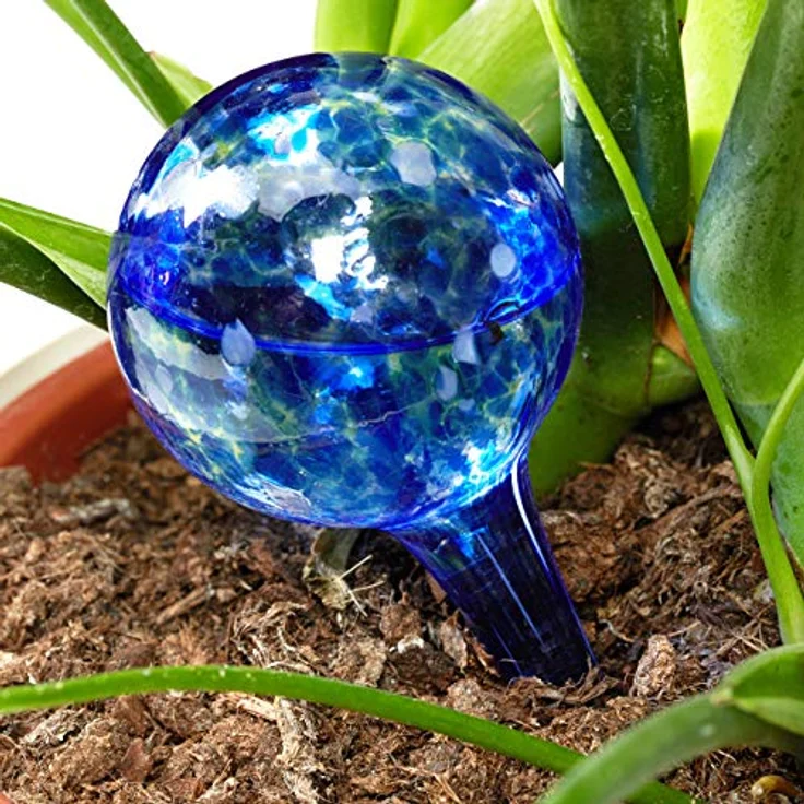 Bewässerungskugel 2er Set, dosierte Bewässerung Pflanzen u. Blumen, Gießhilfe Büro, Urlaub, Ø 6 cm, Glas, blau – Bild 3