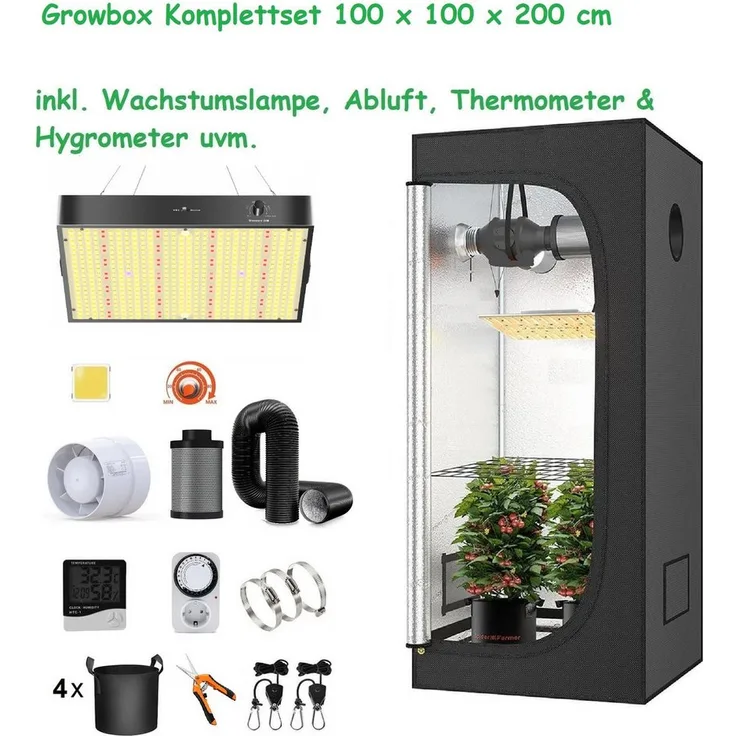 JUNG Gewächshaus Growbox Komplettset Anzuchtset mit Zuchtzelt, Anbau Pflanzen,Growzelt, BxTxH: 100 x 100 x 200,00 cm, Growbox, Gewächshaus Komplett Set mit Abluft Cannabis Set Box Pflanze, Growzelt, Grow Box Zelt, Pflanzenlampe Pflanzen Anbau Zelt, Anzuch, LED Grow Set mit Pure LED Q120, 200W