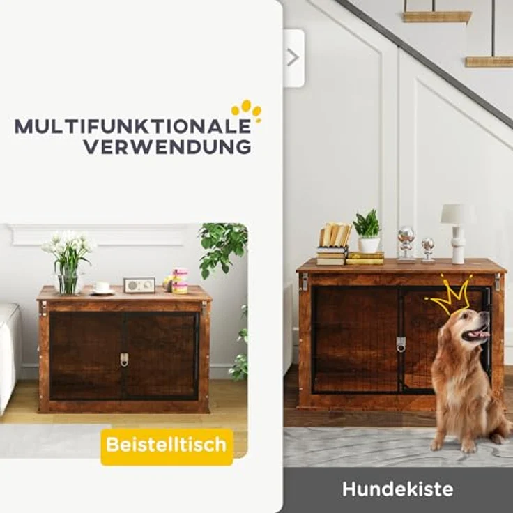 PawHut Hundekäfig Möbel, Hundebox für große Hunde unter 30 kg, Stahl, 98 x 60 x 65,5 cm, Rustikales Braun – Bild 3