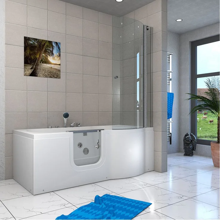 AcquaVapore Seniorendusche Wanne Whirlpool S12D-WP-L-EC 170x85cm, Sicherheitsglas ESG, inklusive Duschwanne, Integrierte Massagedüsen, Überlauf Abfluss, Whirlp