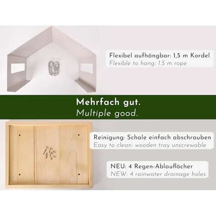 WONDERMAKE® Großes Design Vogelhaus aus Metall und Holz wetterfest zum Aufhängen, modernes Vogelfutterhaus XL Metalldach hängend, Vogelhäuschen Futterhaus für Vögel, Edelstahl Kiefer, grau-beige – Bild 4