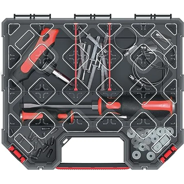 Prosperplast Werkzeugkoffer Kistenberg TAGER CARBO Organizer, multifunktionale Sortimentsbox mit transparentem Polycarbonat-Deckel, 284x243x60 mm – Bild 3