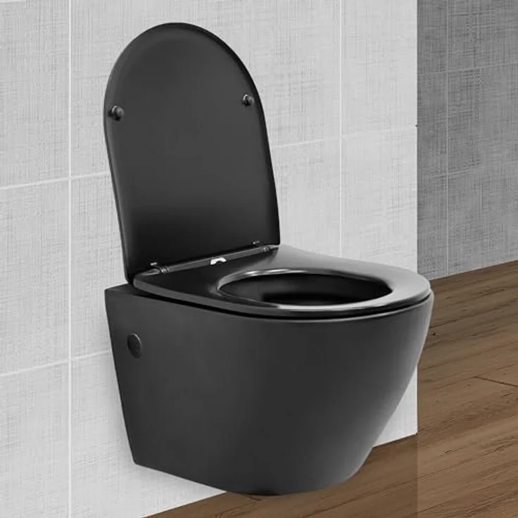 ECD Germany Spülrandloses Hänge WC mit Nano Beschichtung, Wand-WC kurze Ausladung 49 cm, Toilette Schwarz matt & WC-Sitz abnehmbar Duroplast Softclose Absenkautomatik, Tiefspüler Keramik Lotus Effekt – Bild 1