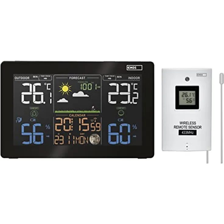 Emos Drahtlose Wetterstation E5111, Wetterstation mit DCF-Funkuhr, Wettervorhersage und Erweiterbarkeit für bis zu 3 Sensoren, Schwarz/Weiss