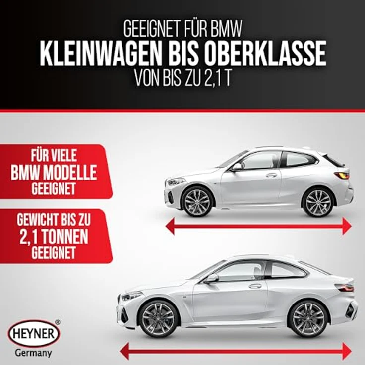 HEYNER Wagenheber Premium Scherenwagenheber 1,5t für BMW, stabile Gummiauflage, extra stabiler Standfuß, Hubhöhe 104-380 mm, Comfort Verlängerung und Ratsche, schwarz – Bild 2