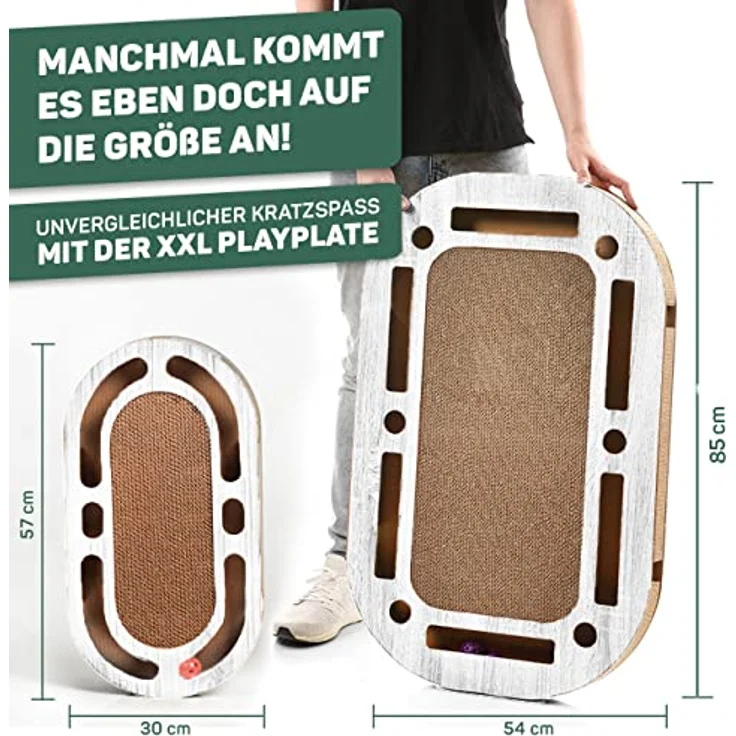 CanadianCat Company | XXL Katzenspielplatz 85 x 54 x 5,8 cm mit integrierter Kratzpappe Katzenspielzeug Kratzbrett in hellgrau gekalkter Holzoptik Kratzkarton – Bild 5