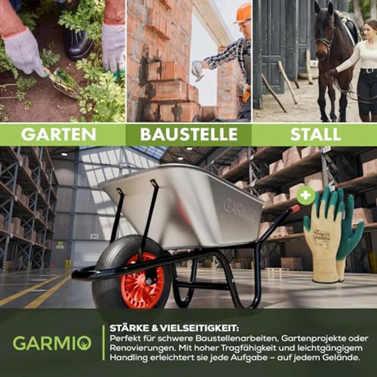 GARMIO Schubkarre, verzinkte Bauschubkarre 85 Liter, 5 Kubik Fassungsvermögen, Gummireifen 16 Zoll, Gartenkarre bis 160 kg, Silber – Bild 3