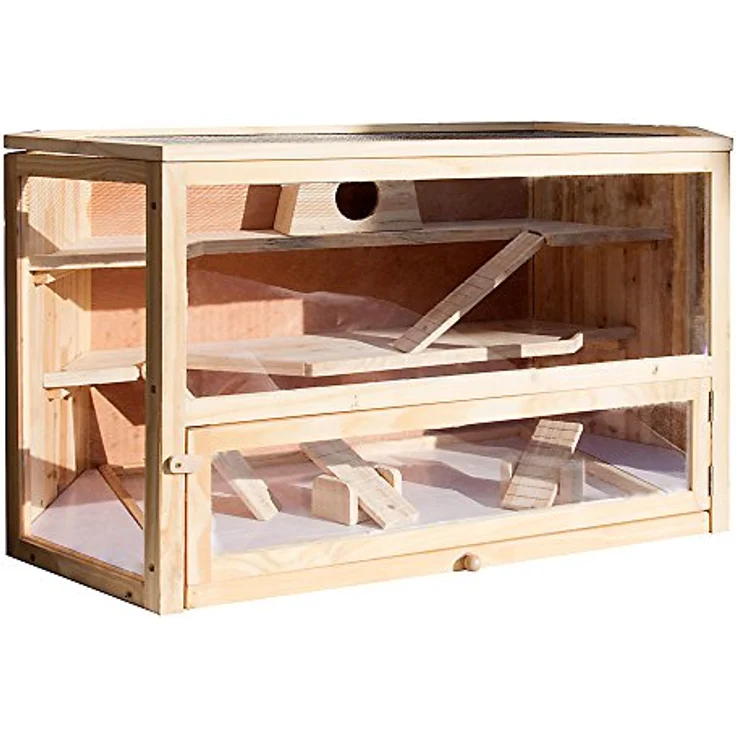 Wiltec XXL 3 Etagen Nagerkäfig, 6-eckig, aus Holz, mit klappbarem Deckel & Sichtfenster, Mäusekäfig Hamsterkäfig – Bild 3