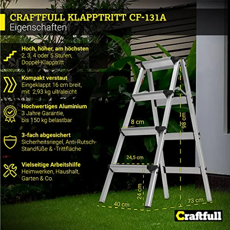 Craftfull Doppel-Klapptritt CF-131A Trittleiter Stufenstehleiter Alu Leiter (2 x 4 Stufen) – Bild 3