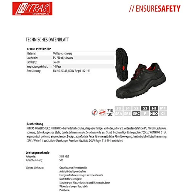Nitras Sicherheitsschuhe 7210 POWER STEP, S3 Halbschuhe aus schwarzem Vollleder mit Stahl-Zehenkappe und durchtritthemmender Zwischensohle, Gr. 38 – Bild 4