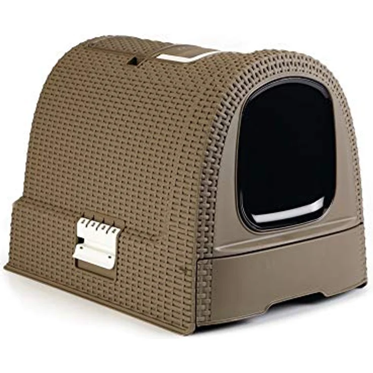 Curver petlife Katzentoilette mit Deckel, Katzenklo inklusive Schaufel, Moderne Rattangeflecht-Optik, Mokka, 51,5 x 38,5 x 40 cm – Bild 1