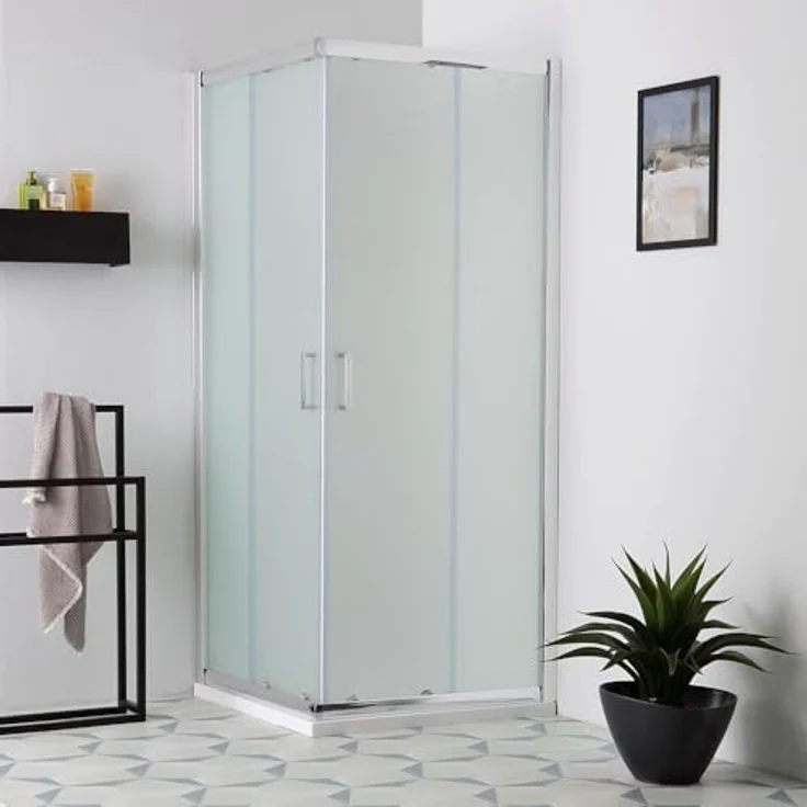 KIAMAMI VALENTINA Eckeinstieg Duschabtrennung 90 x 90 cm, 6mm satiniertes Glas mit verchromtem Aluminiumrahmen und Schiebetüren – Bild 1