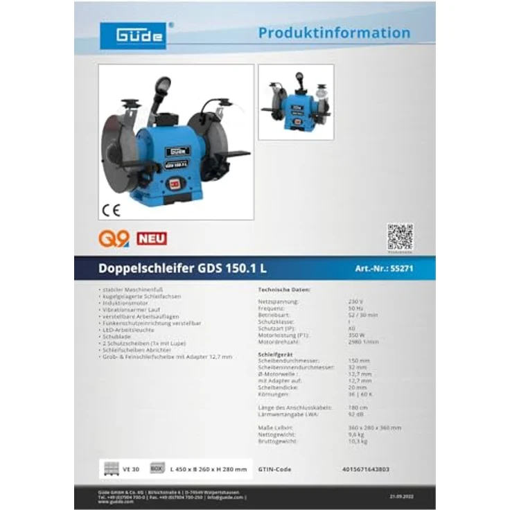 Güde Doppelschleifer »GDS 150.1 L«, 350 W Elektromotor, 150 mm Schleifscheiben, blau/schwarz – Bild 3