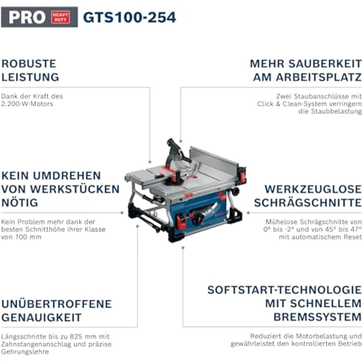 Bosch Professional GTS100-254 Tischkreissäge, 254mm, 2200 W, präzise Längsschnitte bis 825mm, Sanftanlauf, 230V – Bild 3