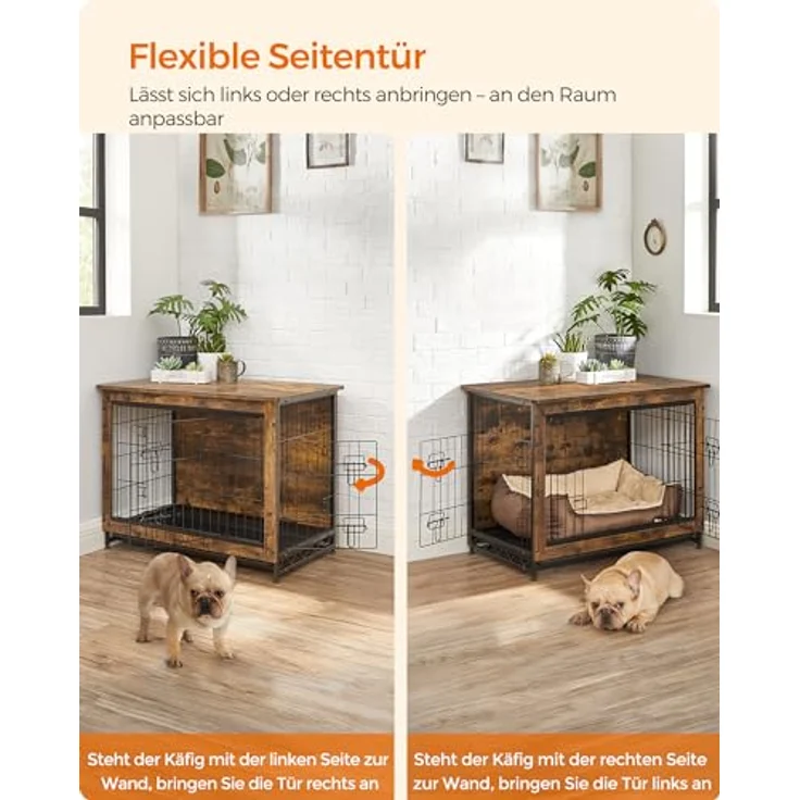 Feandrea Hundekäfig Möbel, Beistelltisch, Hundebox, Moderne Hundehütte Indoor, vintagebraun, für Hunde bis zu 20 kg, 2 Türen, herausnehmbares Tablett – Bild 4