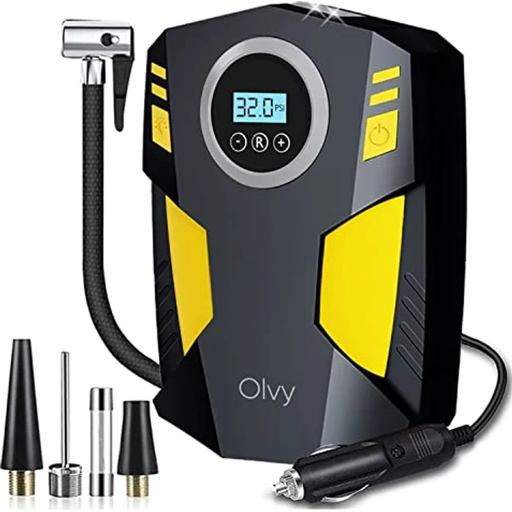 Olvy Elektrische Luftpumpe Tragbare Reifenpumpe mit 12V Motor und Digitaldisplay, schnelles Aufpumpen für PKW und Sportgeräte – Bild 1