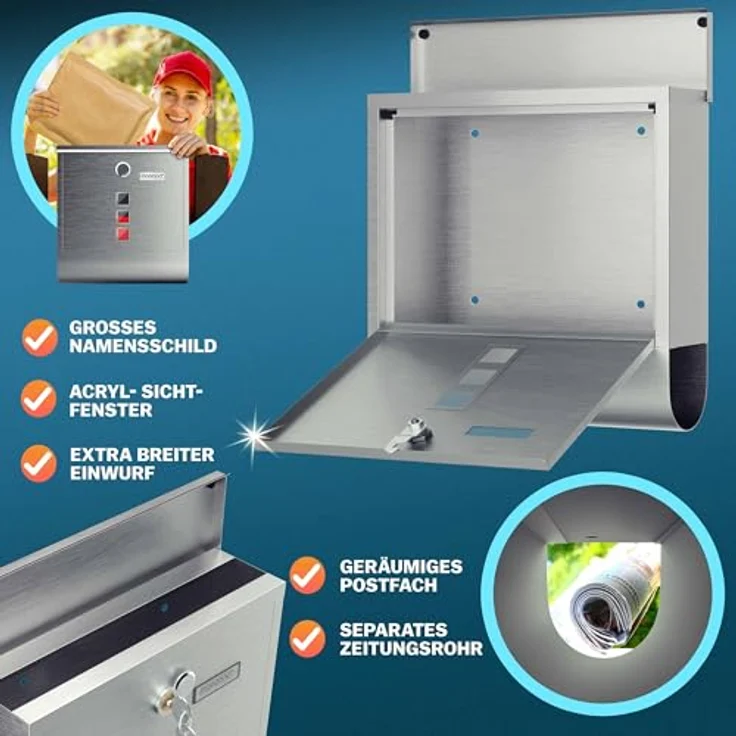 monzana Design Briefkasten Edelstahl silber mit Zeitungsfach Sichtfenster 2 Schlüssel Namensschild Wandbriefkasten – Bild 6