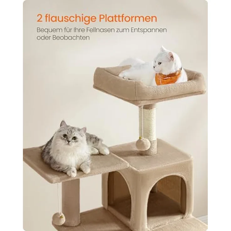 Feandrea Kratzbaum, 143 cm hoch, Katzenbaum, mehrstöckiges Katzenhaus, mit 4 Kratzsäulen, 2 Plattformen, Hängematte, Höhle, Kamelbraun – Bild 3