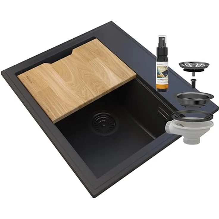 Granitan GRANITAN Foxal Küchenspüle, Granit Unterbauspüle, hochwertige Spüle mit Spülenabdichtung - Holzküchenbrett, schwarz – Bild 1