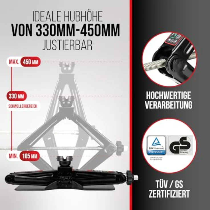 HEYNER® Scherenwagenheber MultiLift L PRO 2 t für VW ID.7 Gen 1 (2023–) – runder Sattel, 360° Gummiauflage, Hub 125–470 mm, 17 mm Ratsche, Standfuß 30×8 cm, bis −50 °C – Bild 2