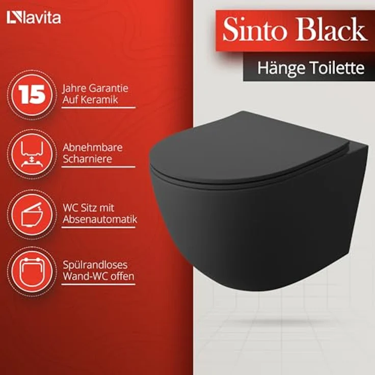 LAVITA Wand-WC Sinto Black | Hänge Toilette mit Absenkautomatik & Metallscharniere | Spülrandlos Hängend | 365x490x395 mm – Bild 2