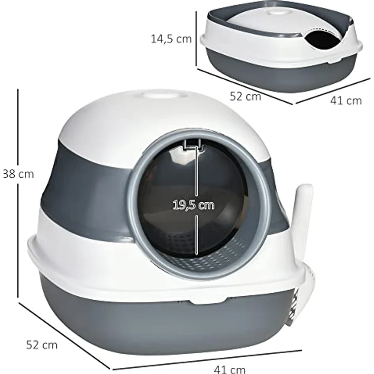 PawHut Katzentoilette mit Deckel, Katzenklo inkl. Deodorant, Bodengitter, Streuschaufel, Großer Innenraum für Katzen bis 5 kg, Weiß+Grau, 52 x 41 x 38 cm – Bild 3