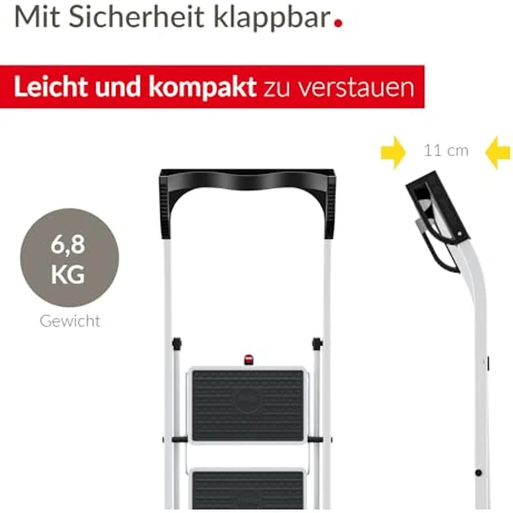 Hailo K75 ComfortLine Klapptritt - 3-stufige Trittleiter aus Stahl mit Sicherheitsbügel und Ablageschale - Arbeitshöhe bis 2,69 m - Gewicht: 6,8 kg - Weiß – Bild 5