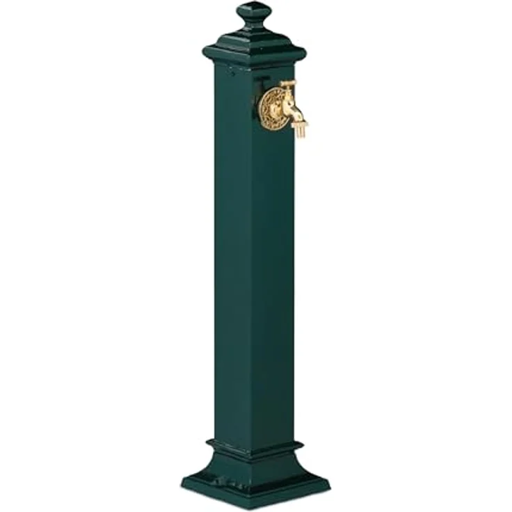 relaxdays Gartenbrunnen Standbrunnen Antik, nostalgisches Design in Dunkelgrün mit goldenem Wasserhahn, ideal für Garten und Terrasse – Bild 1