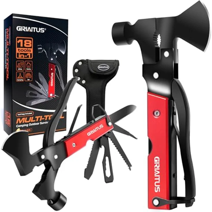 GIRIAITUS Multitool Camping Zubehör, 18 in 1 Multifunktionswerkzeug mit Axt, Hammer, Säge und Zange, rot – Bild 1