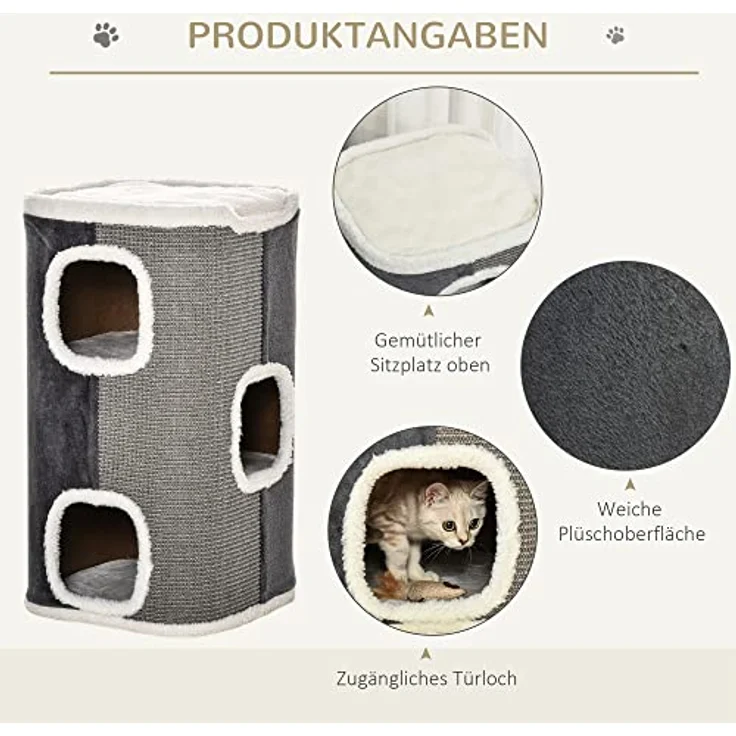PawHut Kratztonne für Katzen Katzenkratzbaum 3 Ebenen Katzenbaum Kletterbaum für Katzen Katzenmöbel Spanplatte samtartiges Polyester Sisal Grau+Weiß 40 x 40 x 74 cm – Bild 5