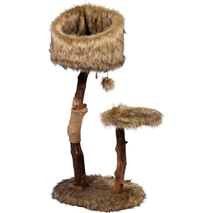 dobar® 35291FSCe Design Kratzbaum "Sunny" 2 Etagen - Echtholz Kratzmöbel für Katzen - Krallenpflege mit Jute - Katzenbaum mit Naturholzstamm inkl. Plüschbezug & Spielball - 50 x 40 x 99-109 cm - Braun – Bild 4
