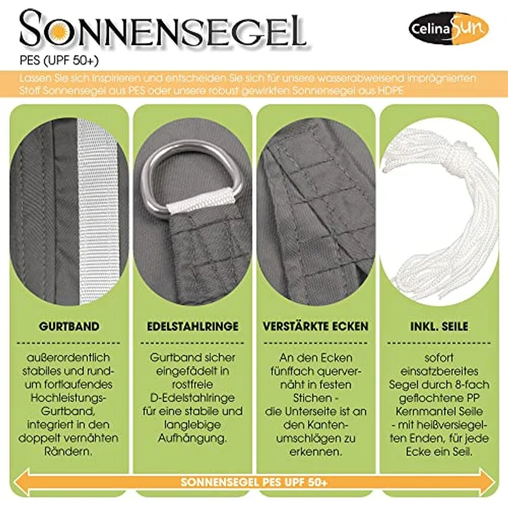 CelinaSun Sonnensegel PES Dreieck rechtwinklig 2,5x2,5x3,5m hell grau UPF 50+ Premium Sonnenschutz inkl Befestigungsseile – Bild 2
