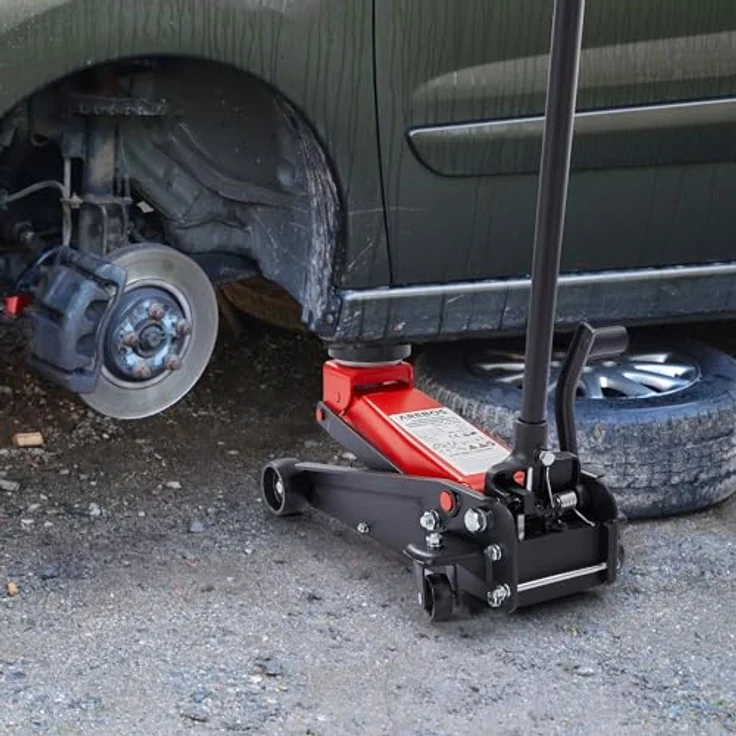 AREBOS 3T Hydraulischer Rangierwagenheber mit Fußpedal, 2x Unterstellbock, 3 Tonnen Tragkraft, 2x Auflagen - Schwarz/Rot, für einfaches und sicheres Arbeiten unter dem Auto in Werkstatt und Garage – Bild 3